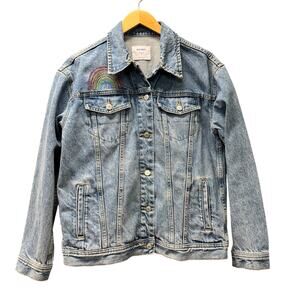 Old Navy Jean Jacket Womens Medium Boyfriend Blue Trucker Embroidered Rainbow